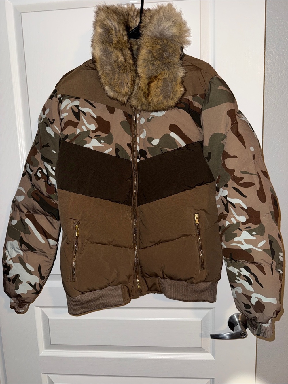 Jordan Craig Brown Camo Puffer Jacket with Faux Fur Collar
